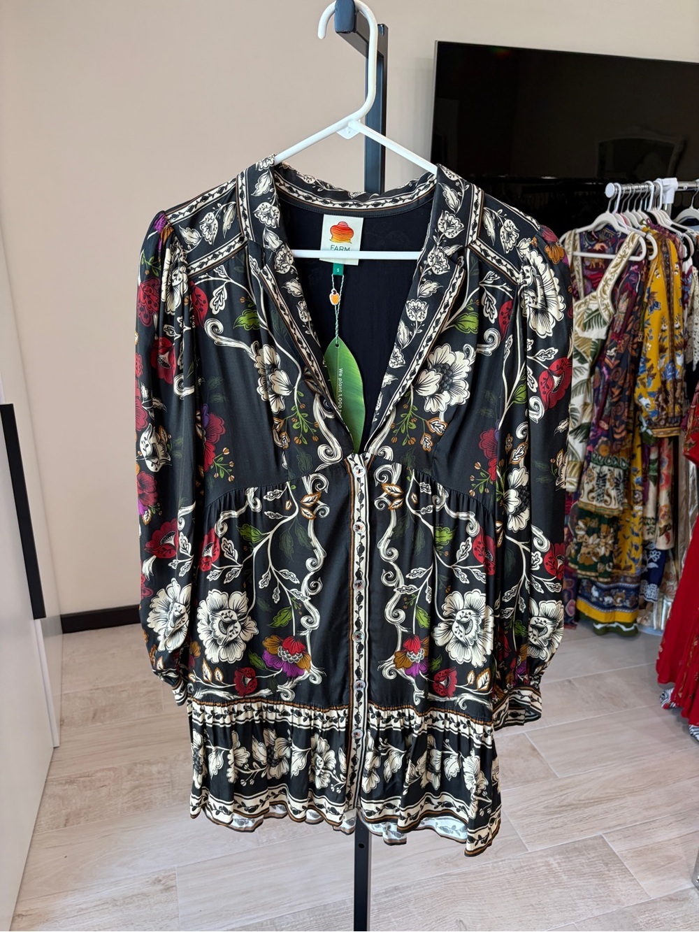 Farm Rio: Black Rococo Flowers Mini Dress - Picture 6 of 11